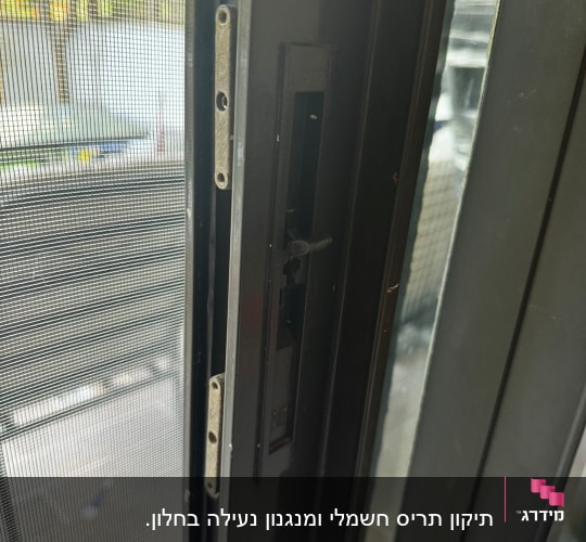 מנגנון נעילה של תריסים על מסגרת מתכתית